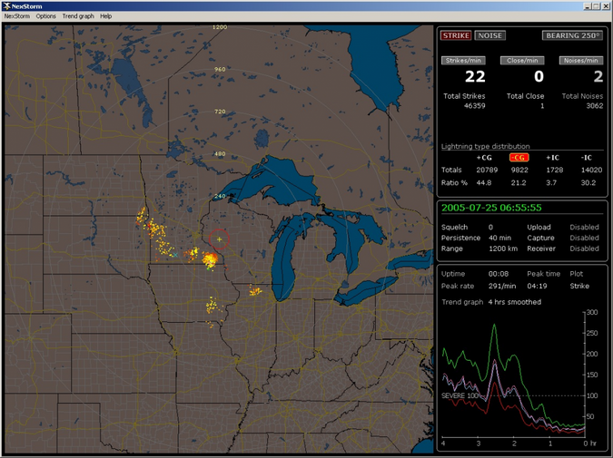 NexStorm software showing detected lightning strikes — sample output